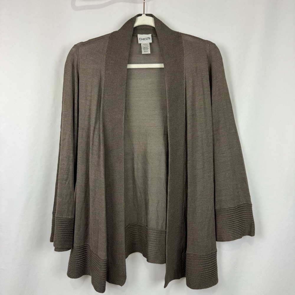 Chicos Women’s 0 US Sz S Taupe 100% Silk Cardigan Sweater Open Front 3/4 Sleeve
